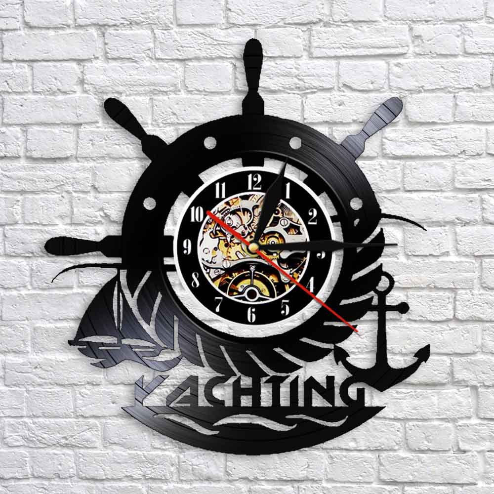 Vintage Nostalgic Art Wall Vinyl Wall Clock Yacht Ship Wheel Anchor Nautical Vinyl Record Wall Clock Home Decor